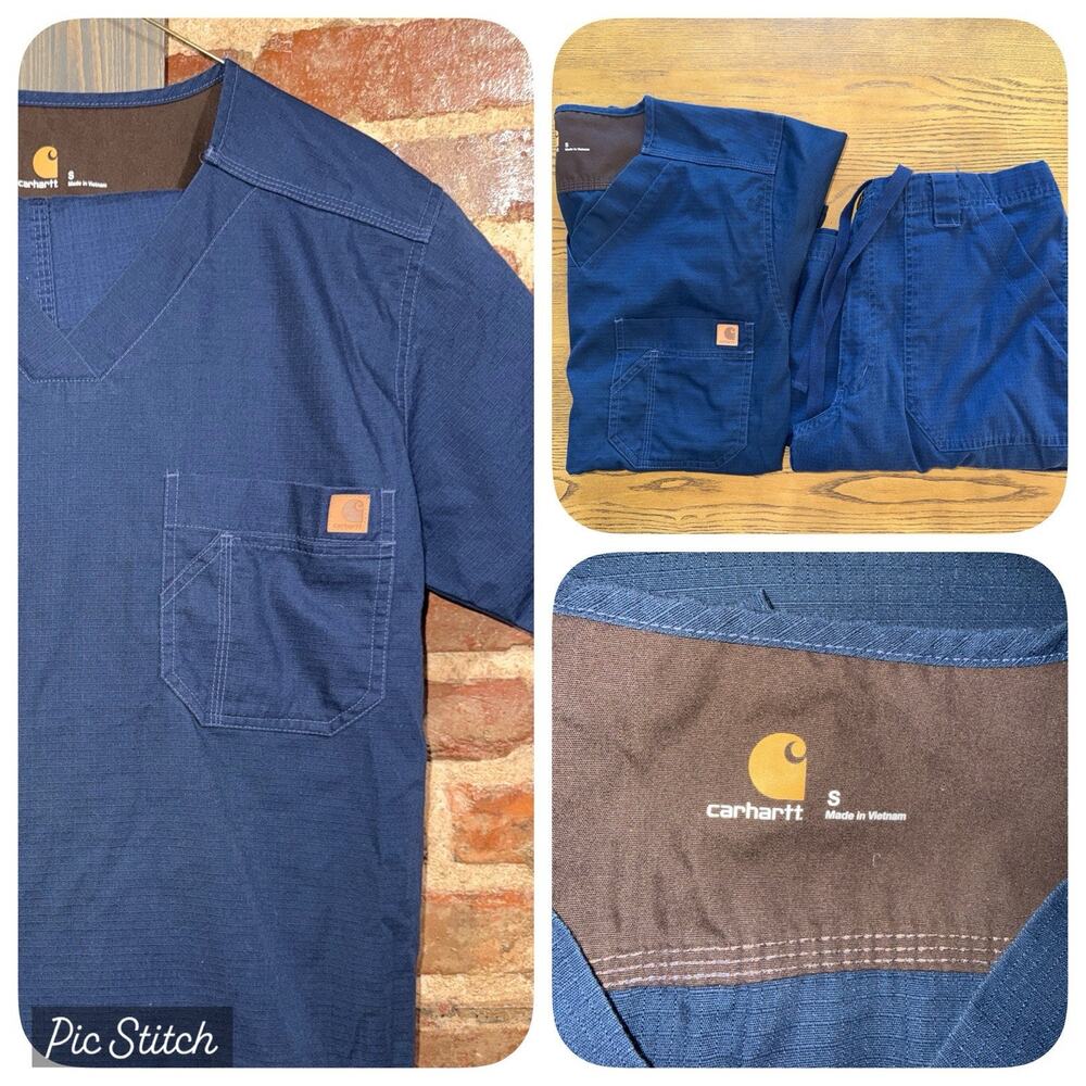 Carhartt Scrub Set Unisex Sz S Navy Medical Nursing V Neck C15108 Ripstop Cargo